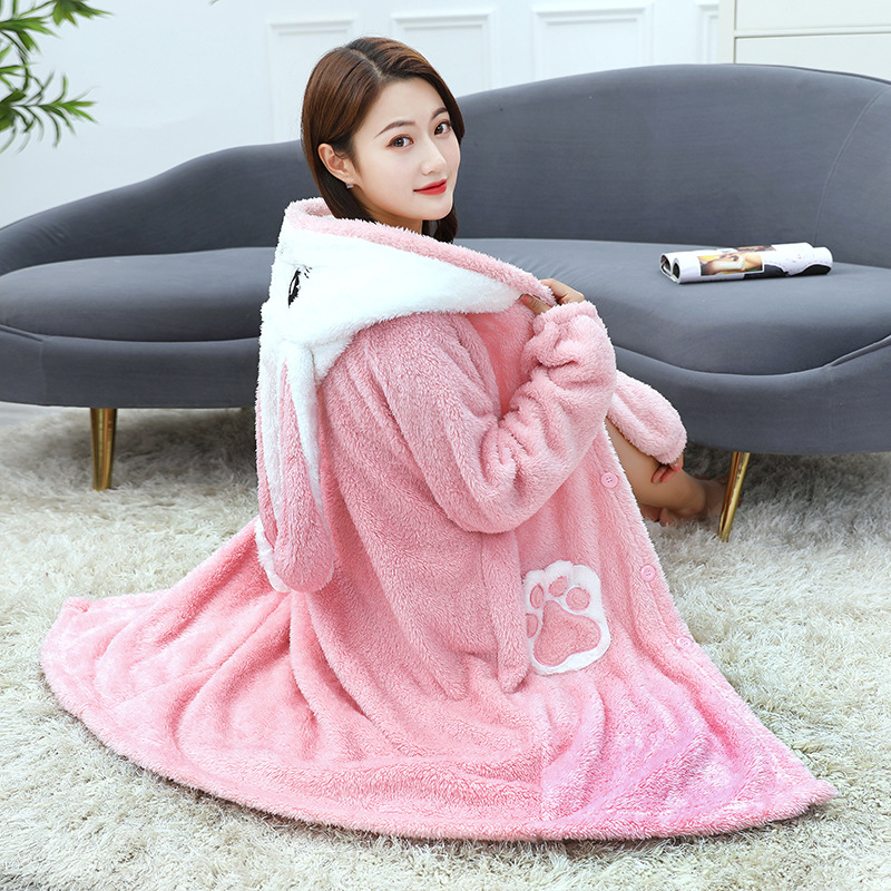 Autumn and winter pink jackrabbit flannel gown for women long style thickened blue lovely rabbit pajamas for women home dress for women