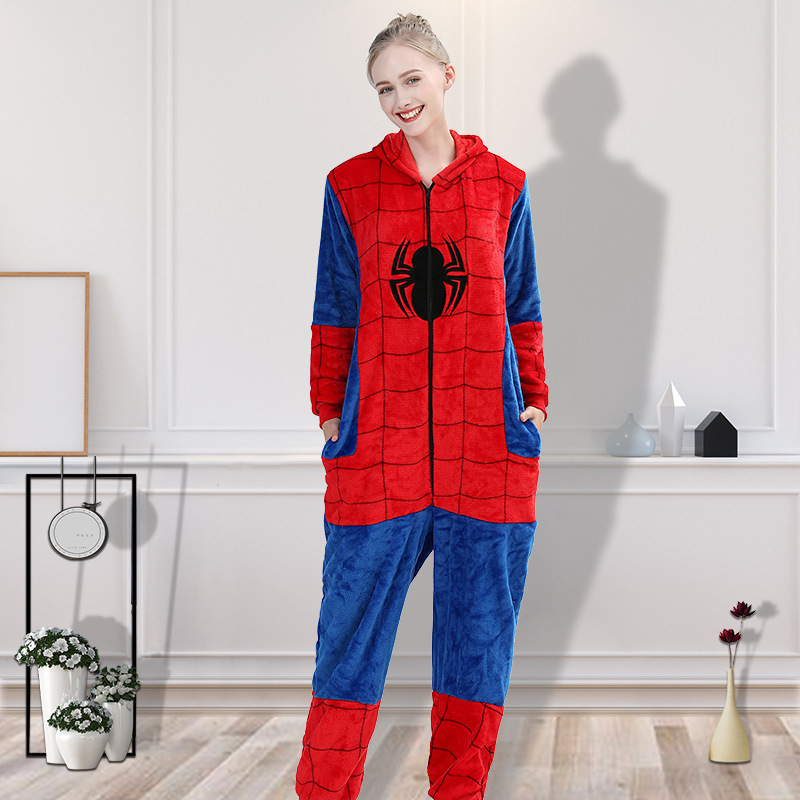 2021 new flannel Spiderman one-piece pajamas performance dress couples pajamas women's home wear toilet version wholesale