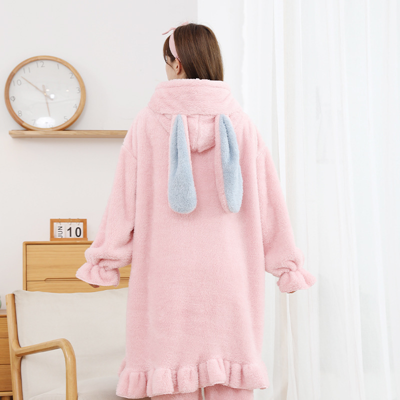 New Autumn/winter long-eared Rabbit Hooded Flannel Nightgown Set Plus-size flannel nightgown ladies cute pink